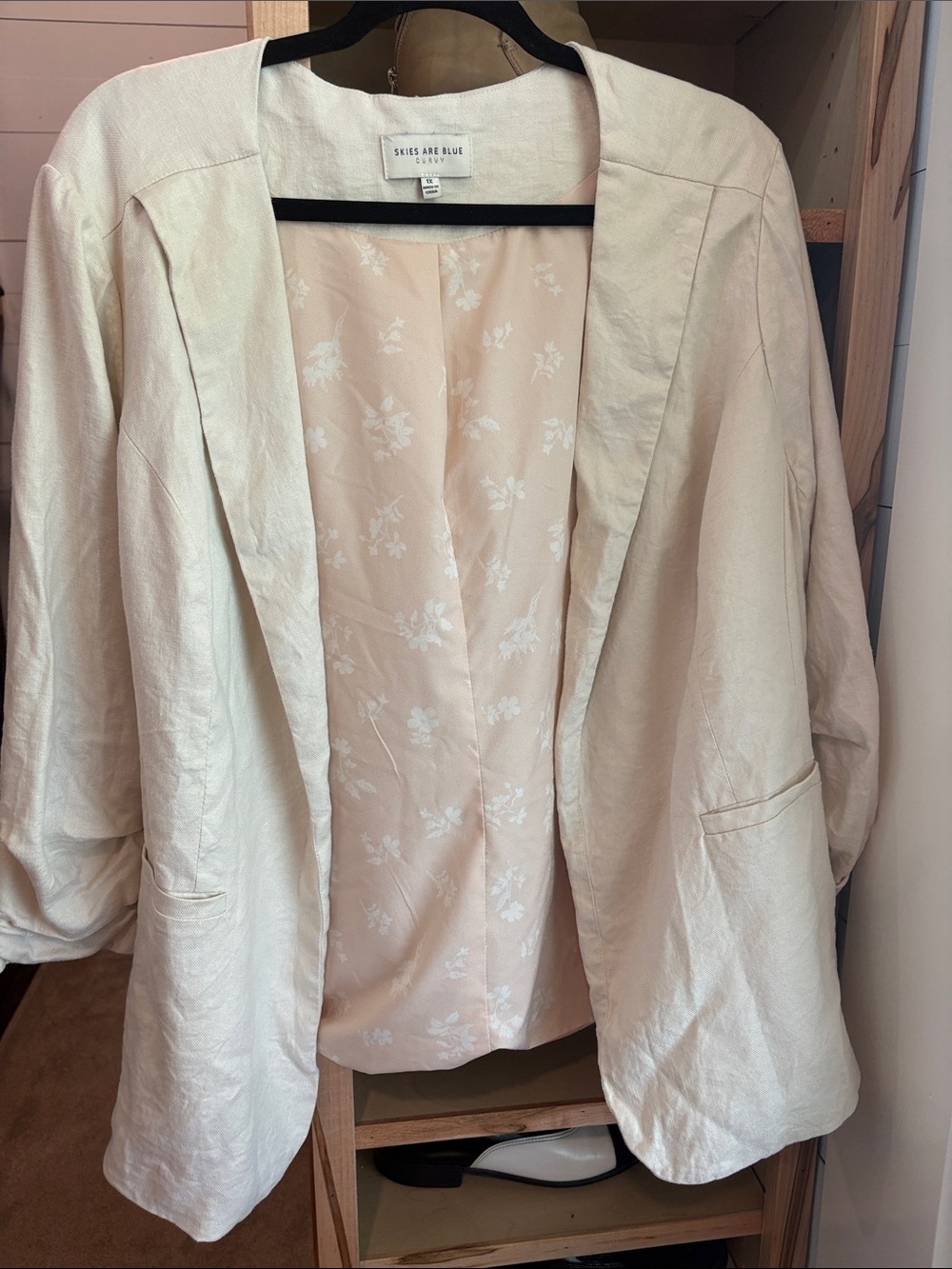 Skies Are Blue Cream Open-Front Blazer with Floral Lining